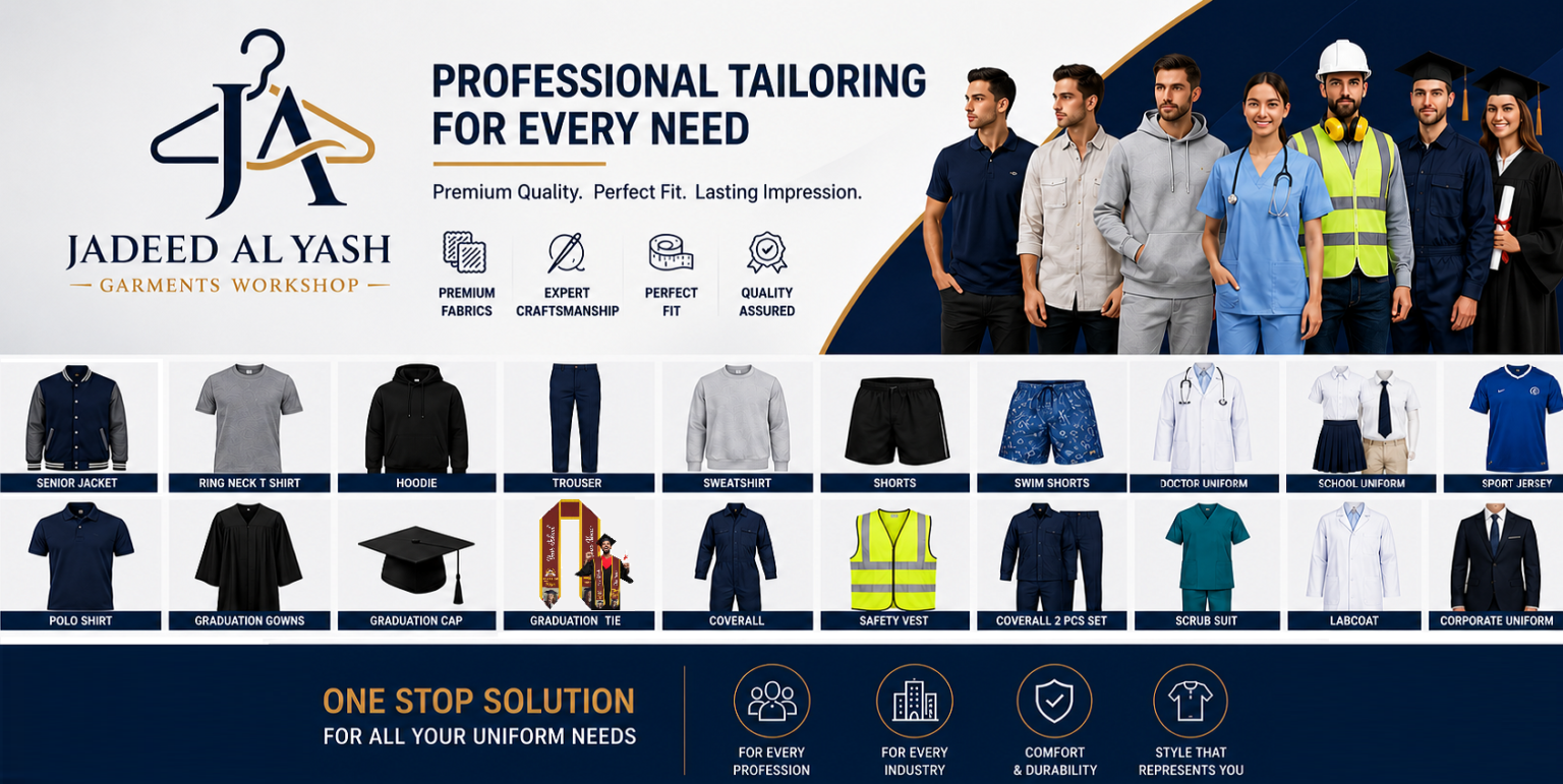 Polo shirt Ring neck t shirt Hoodie Trouser Sweatshirt Shorts Swim shorts Lenin shirt and trouser and shorts Senior Jacket Graduation gowns Graduation cap Tie Coverall Safety vest Coverall 2 pcs set Scrub suit Labcoat Corporate uniform Doctor uniform School uniform Sport Jersey
