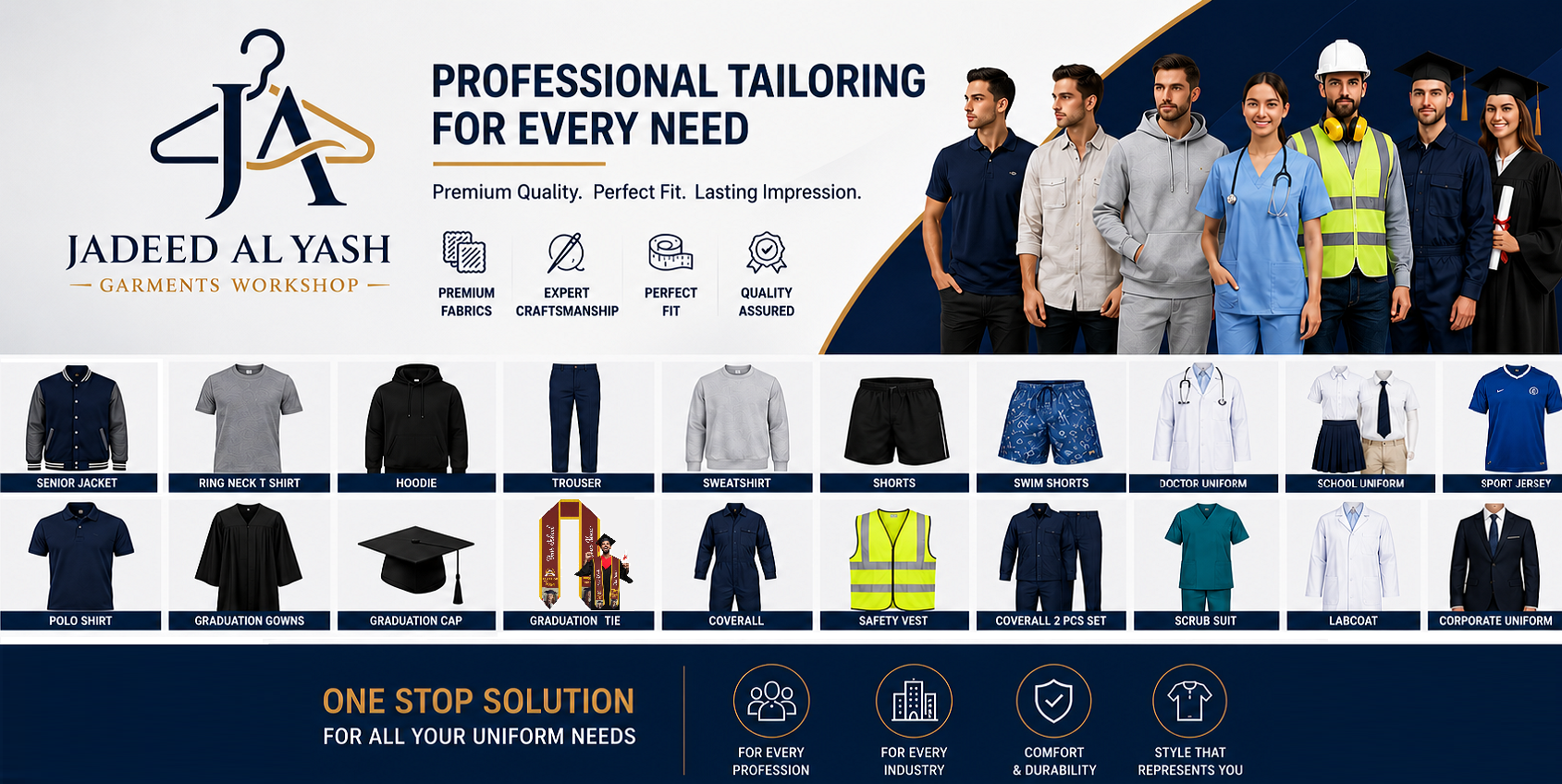 Polo shirt Ring neck t shirt Hoodie Trouser Sweatshirt Shorts Swim shorts Lenin shirt and trouser and shorts Senior Jacket Graduation gowns Graduation cap Tie Coverall Safety vest Coverall 2 pcs set Scrub suit Labcoat Corporate uniform Doctor uniform School uniform Sport Jersey